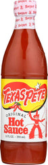 Texas Pete botella frontal paquete de tres mostrando etiqueta original y tamaño práctico