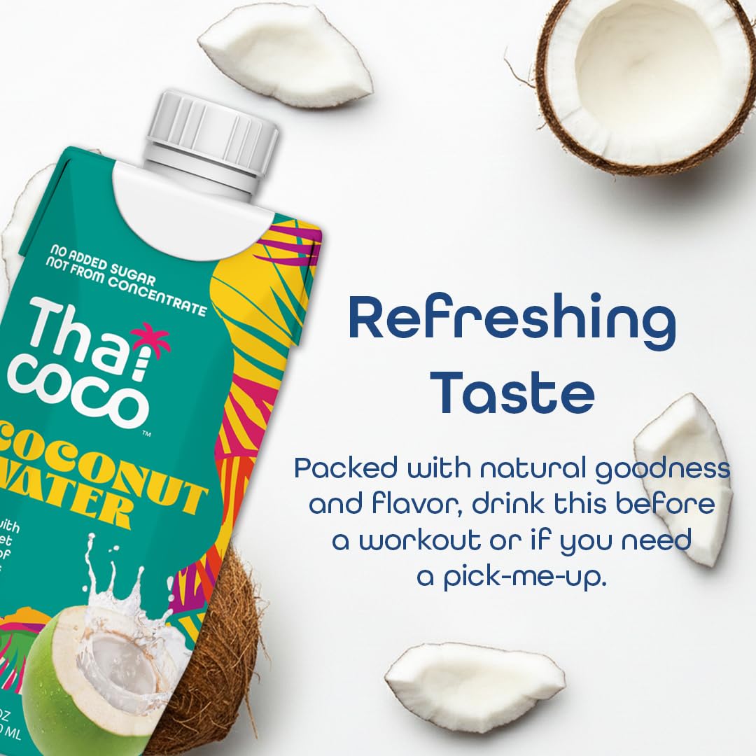 Thai Coco cartón abierto servido en vaso, hidratación lista al instante