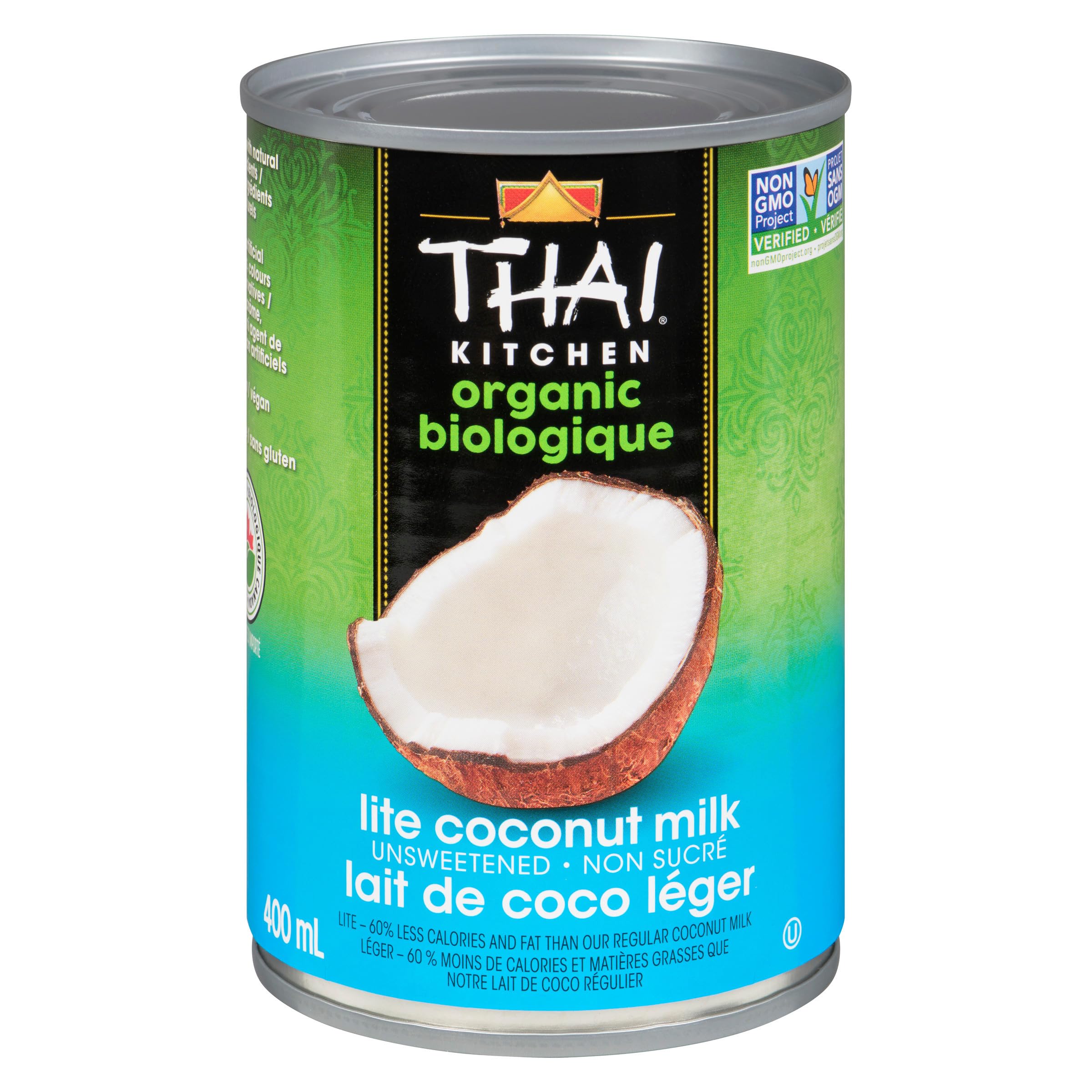 Thai Kitchen frente del envase mostrando etiqueta orgánica y beneficio bajo en grasa