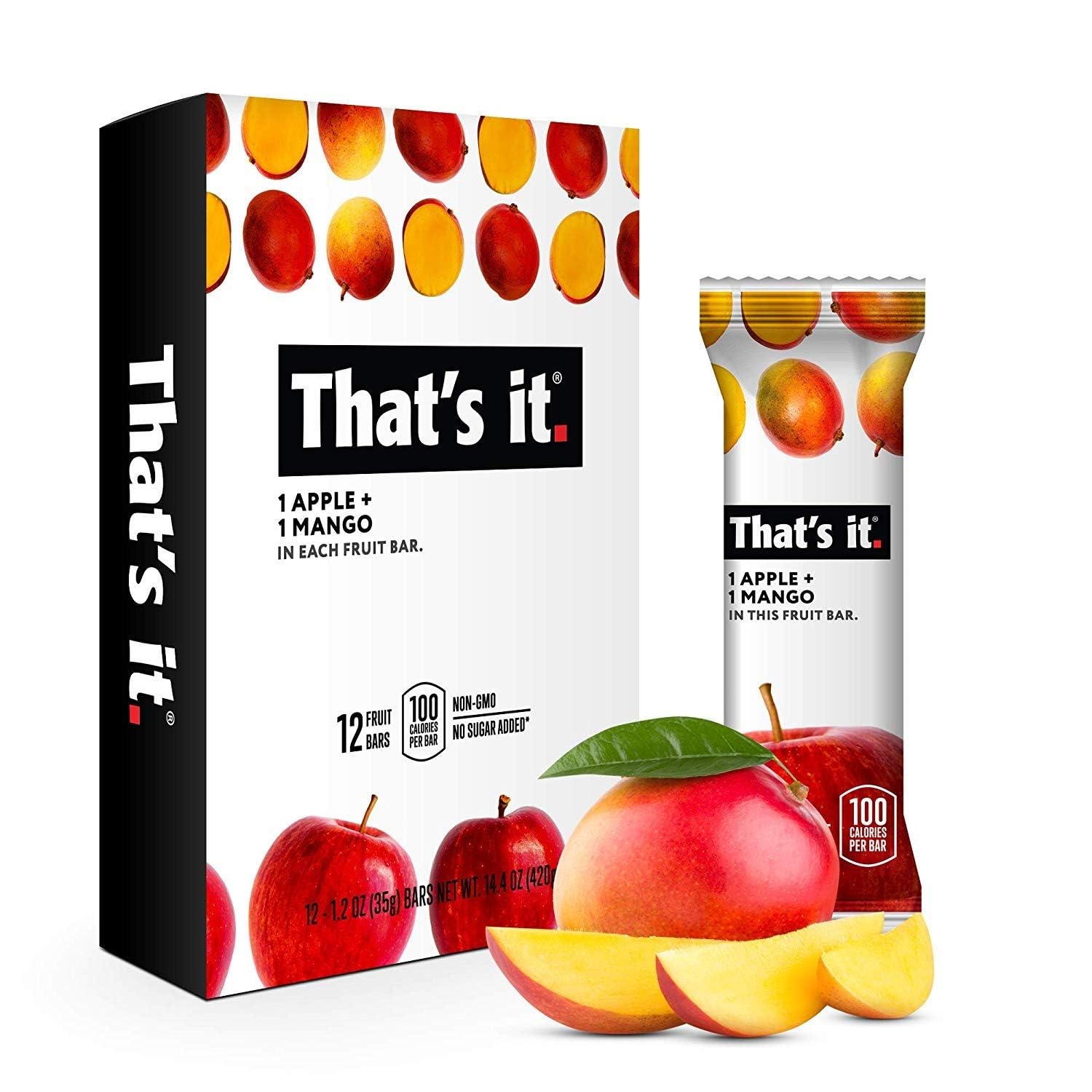 That's It envoltura frontal del pack de 12 mostrando el sabor manzana y mango y conveniencia
