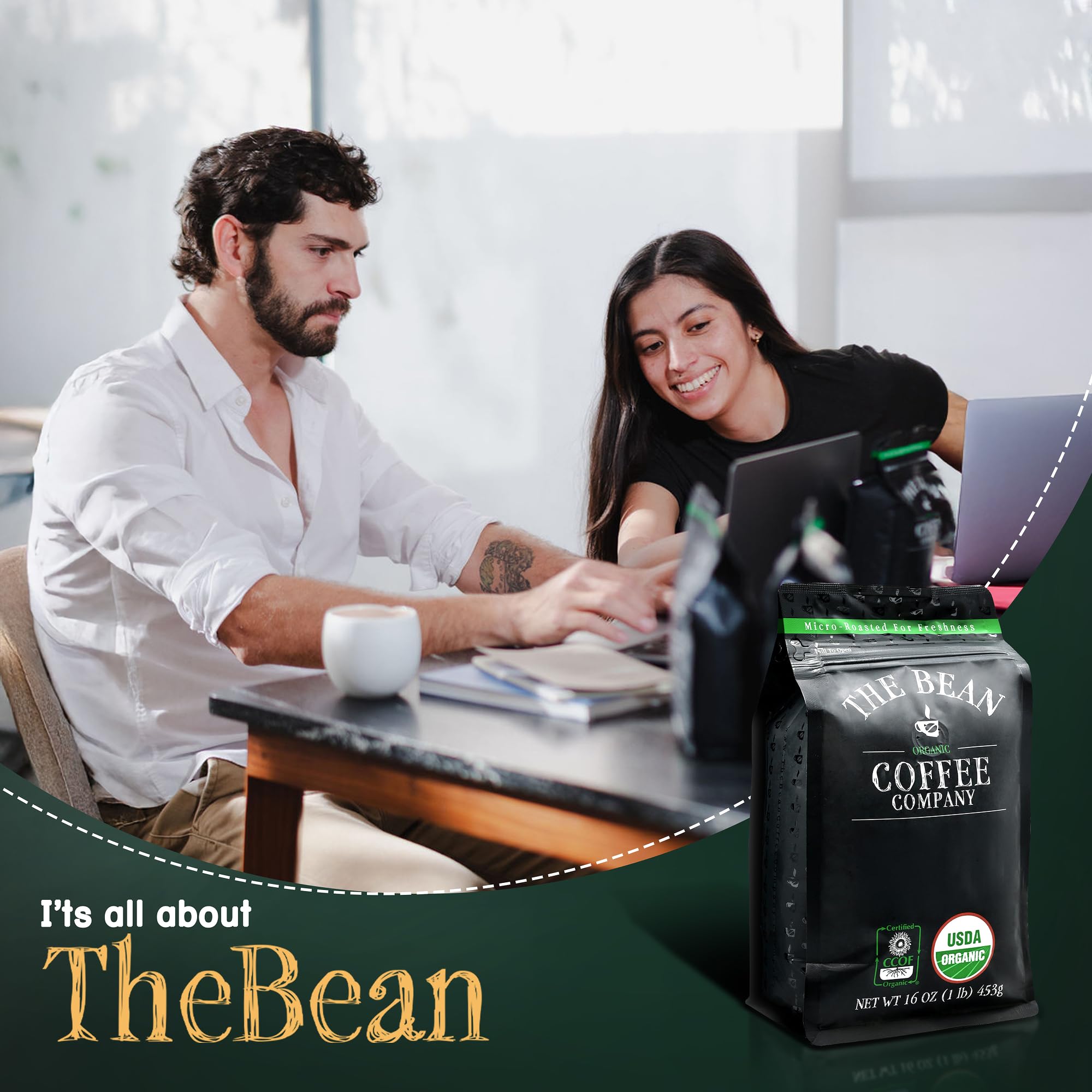 The Bean Coffee Company escena de desayuno con taza, beneficio disfrute diario
