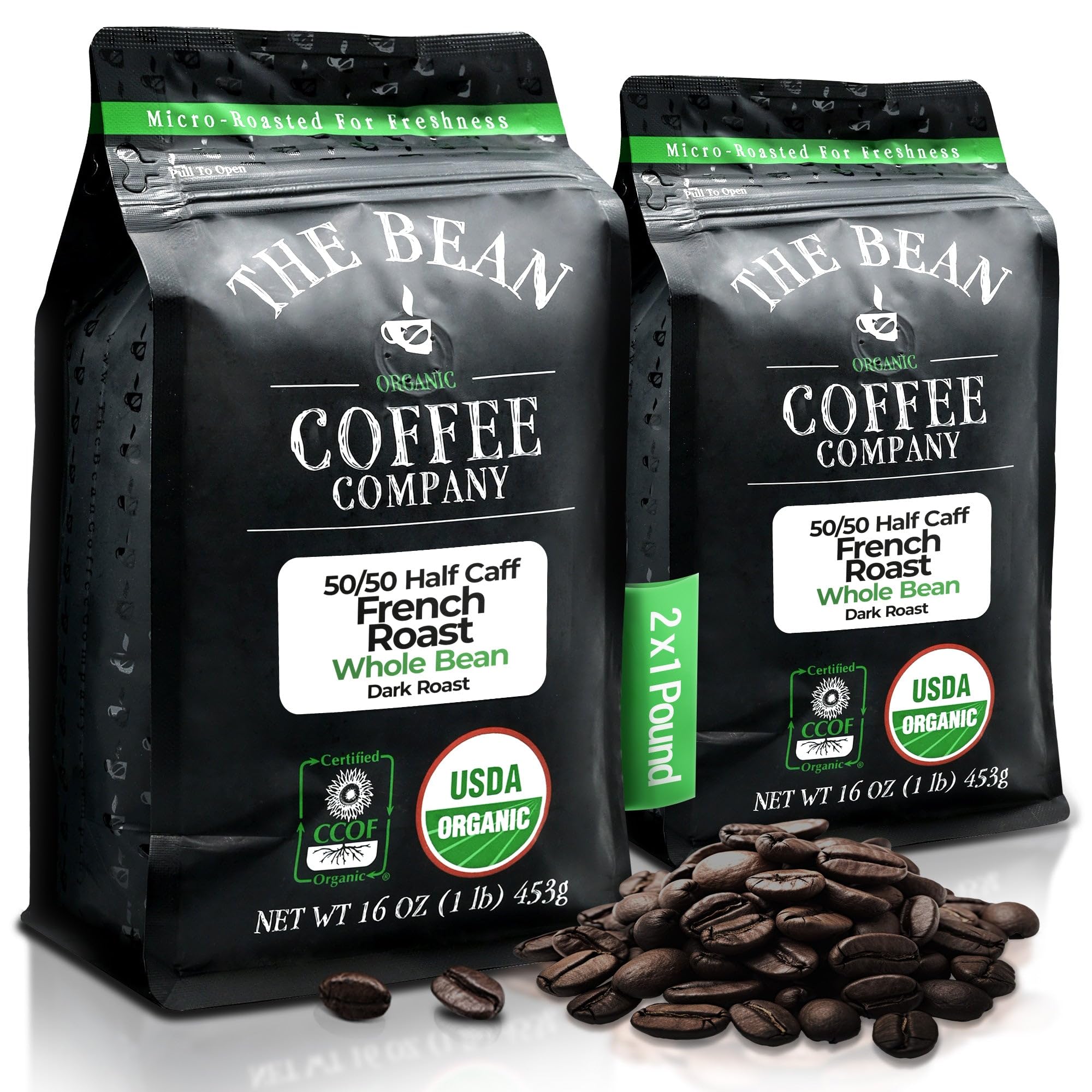 The Bean Coffee Company empaque frontal mostrando mezcla 50/50 y beneficio frescura