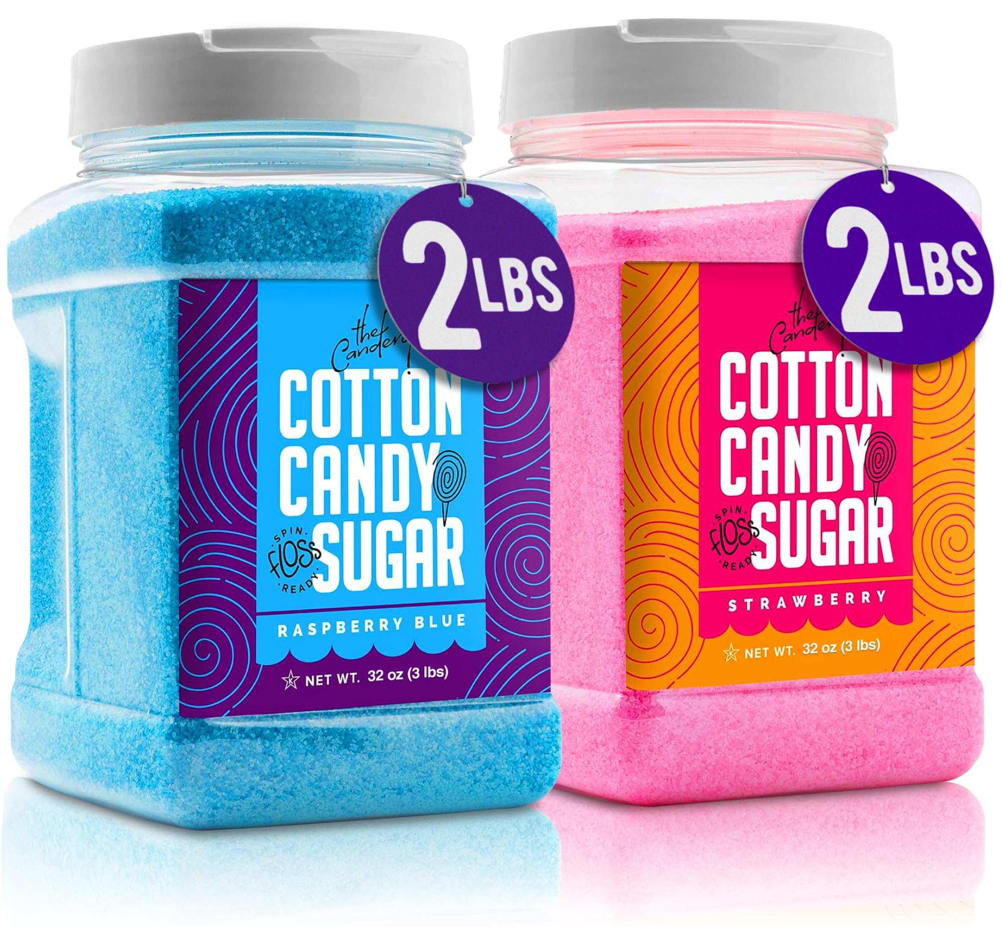 The Candery frascos frontales mostrando Raspberry Blue y Strawberry para fiestas