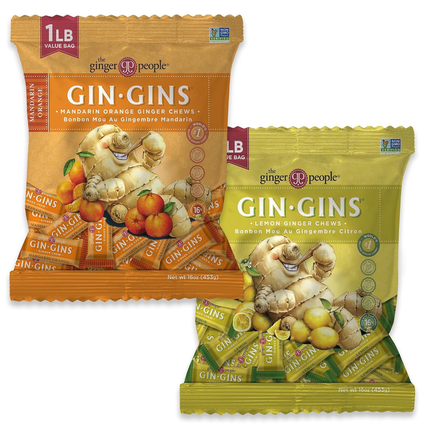 The Ginger People paquete GIN GINS frente mostrando marca y sabores cítricos para identificar producto