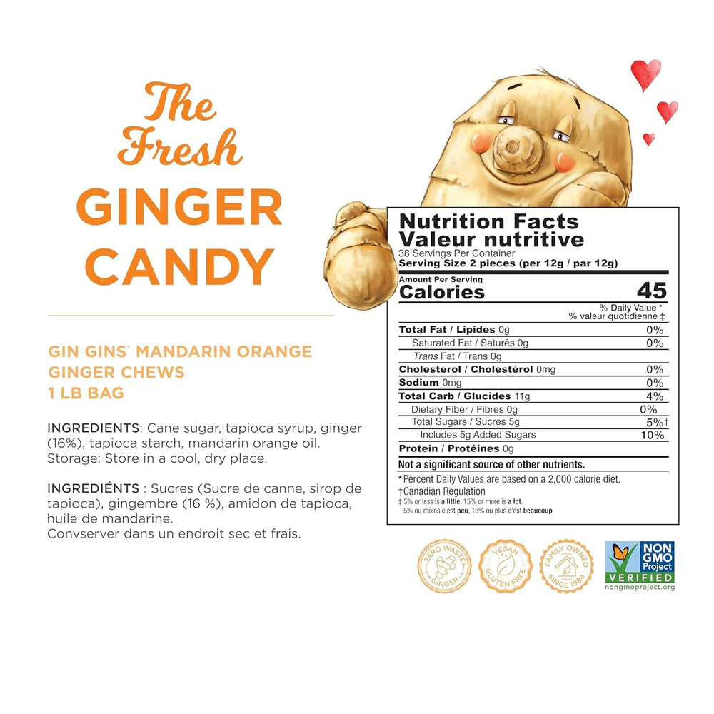 The Ginger People caramelo en mano mostrando tamaño real y facilidad de consumo en movimiento
