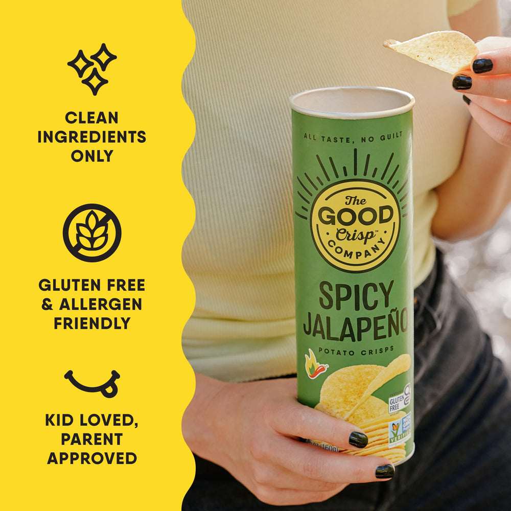 The Good Crisp Company tapa resellable cerrada, conserva frescura y crocancia