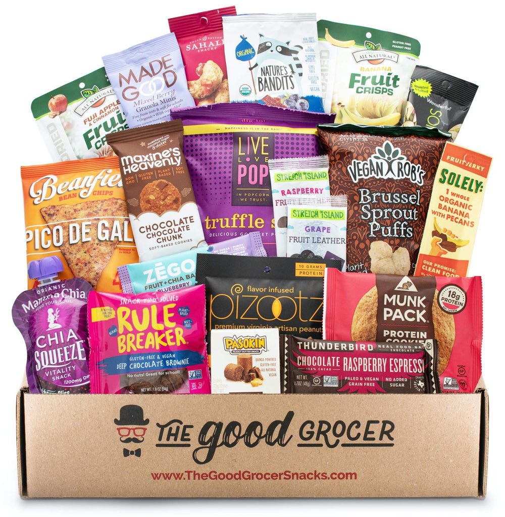 The Good Grocer caja frontal lista para regalar con snacks saludables