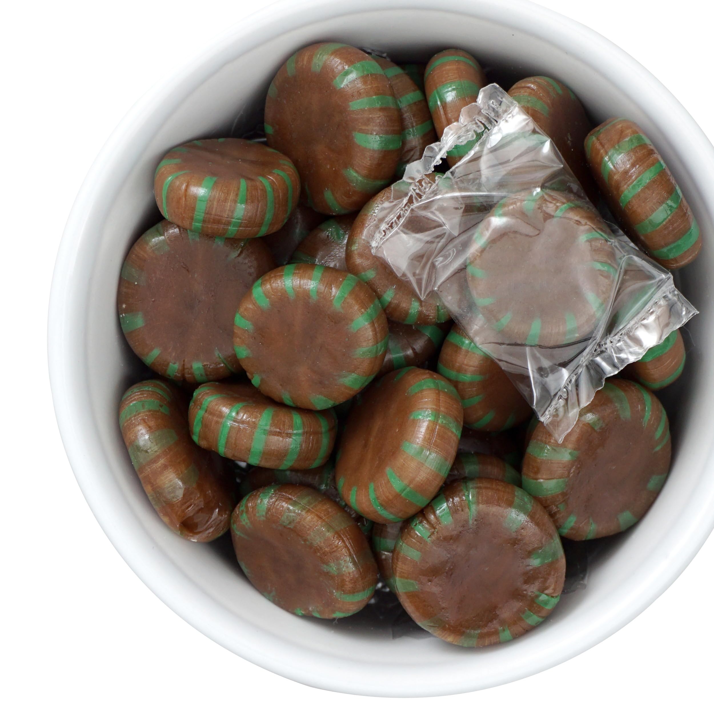 THE HAMPTON CANDY COMPANY comparación de tamaño de una pieza junto a una moneda para escala
