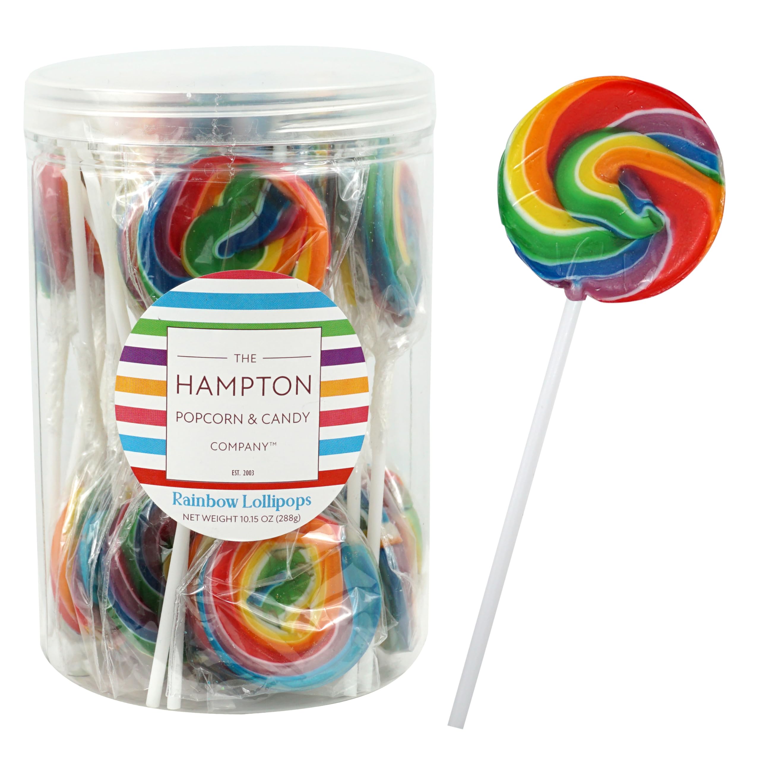 THE HAMPTON CANDY COMPANY paletas arcoíris frontal, atractivo visual para mesas