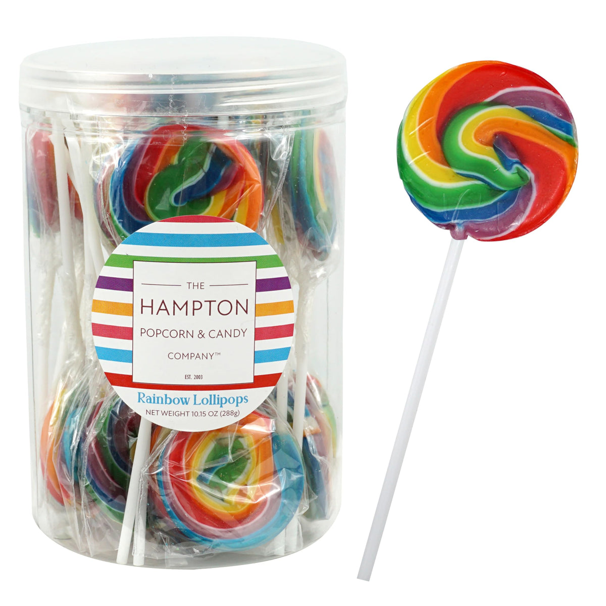 THE HAMPTON CANDY COMPANY paletas arcoíris frontal, atractivo visual para mesas