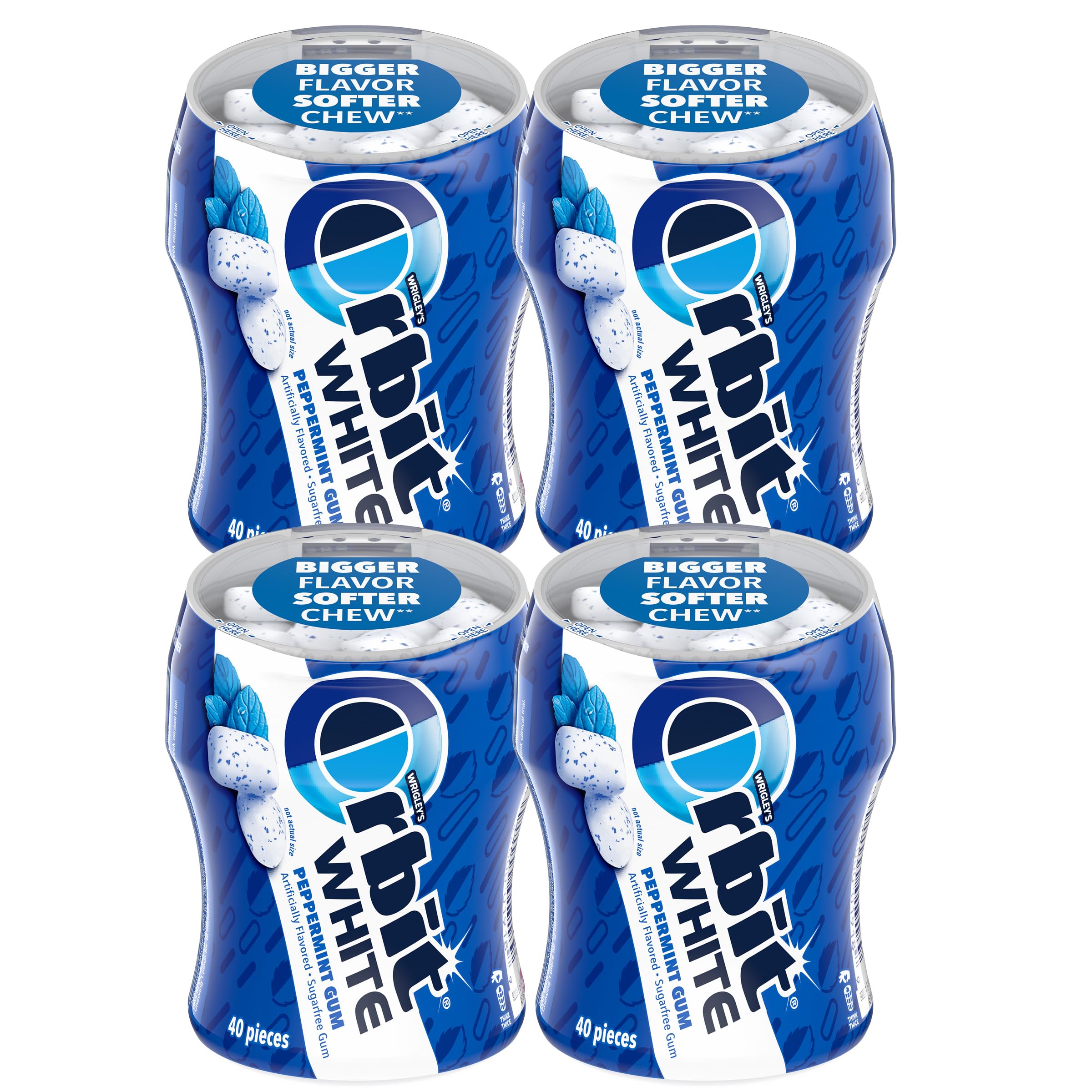 THE HAMPTON CANDY COMPANY bote frontal de Orbit White Peppermint mostrando etiqueta y cantidad