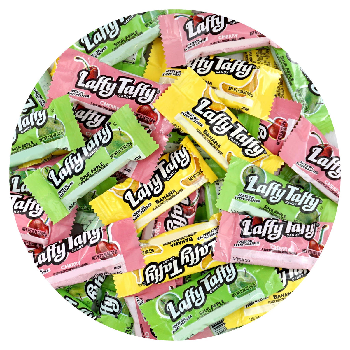 The Hampton Popcorn Company bolsa Laffy Taffy frente mostrando variedad de sabores y cantidad