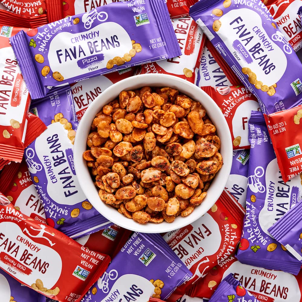 The Happy Snack Company — habas sabor Pizza cerca, aroma y especias visibles