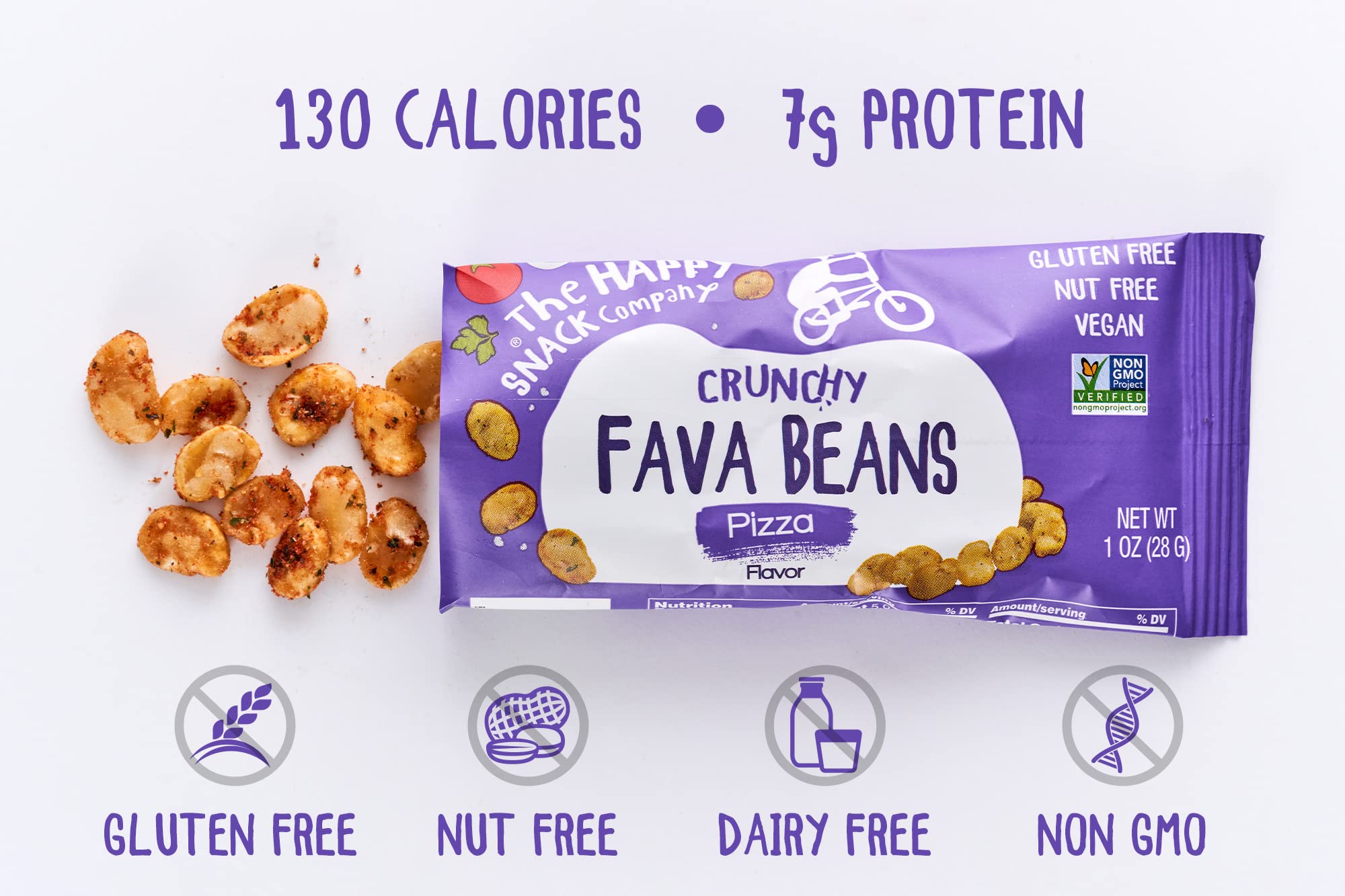 The Happy Snack Company — bolsa abierta junto a portátil, snack práctico en oficina