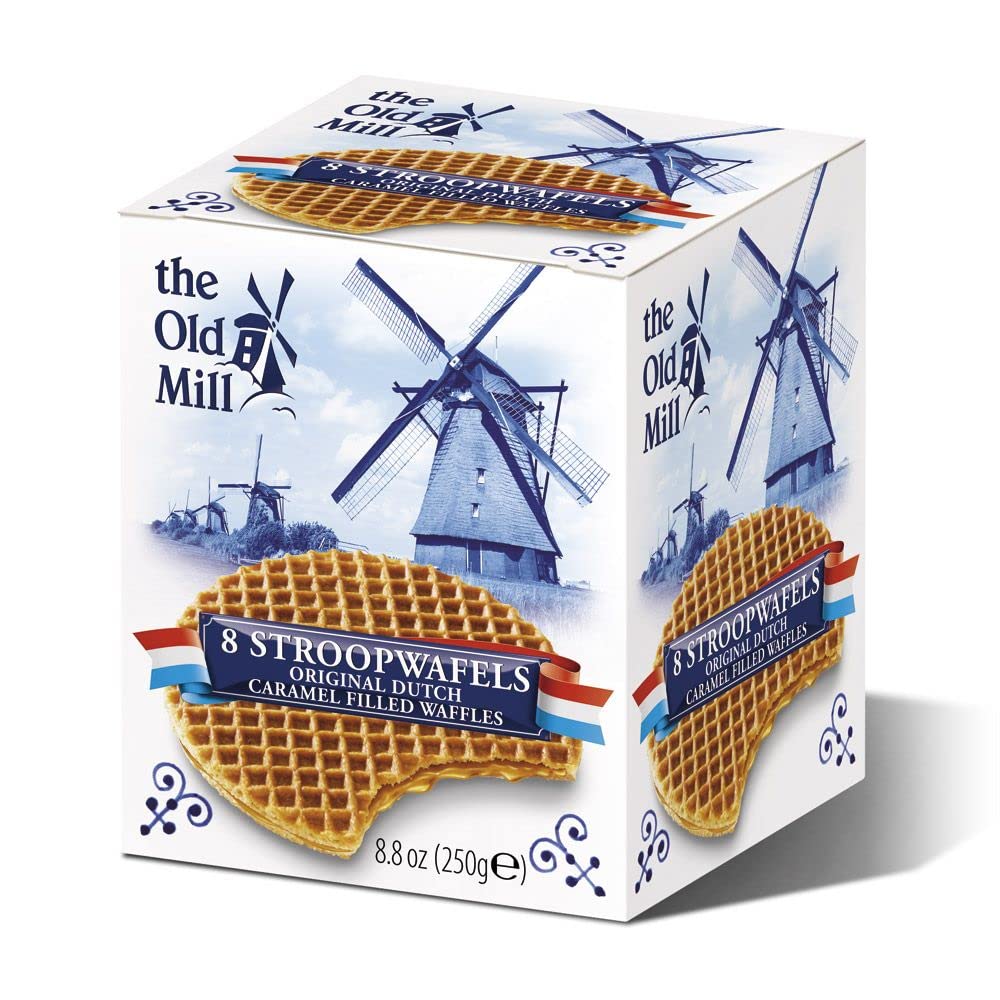 The Old Mill caja frontal del producto muestra 8 stroopwafels auténticos