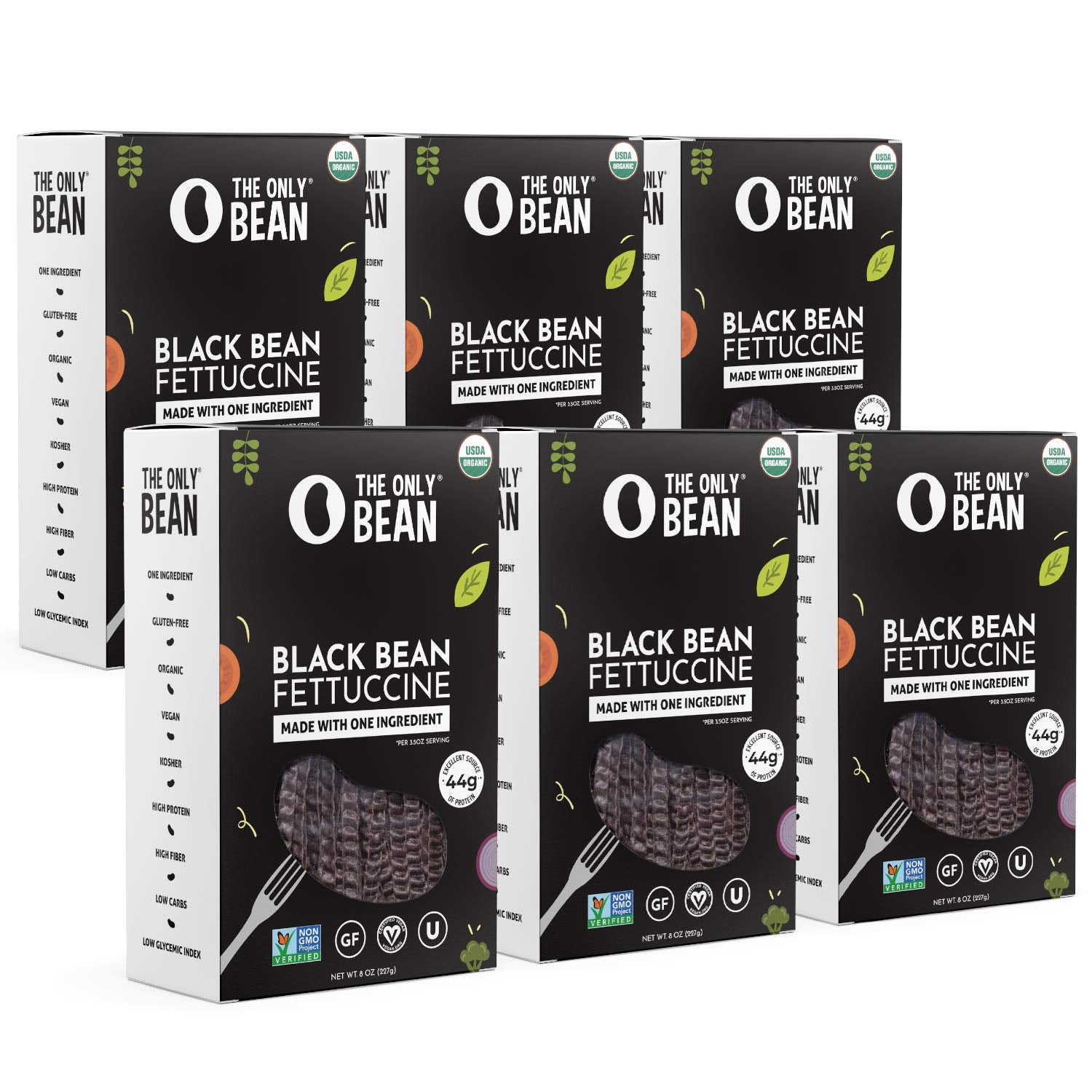 The Only Bean paquete frontal mostrando fettuccine orgánico y beneficios