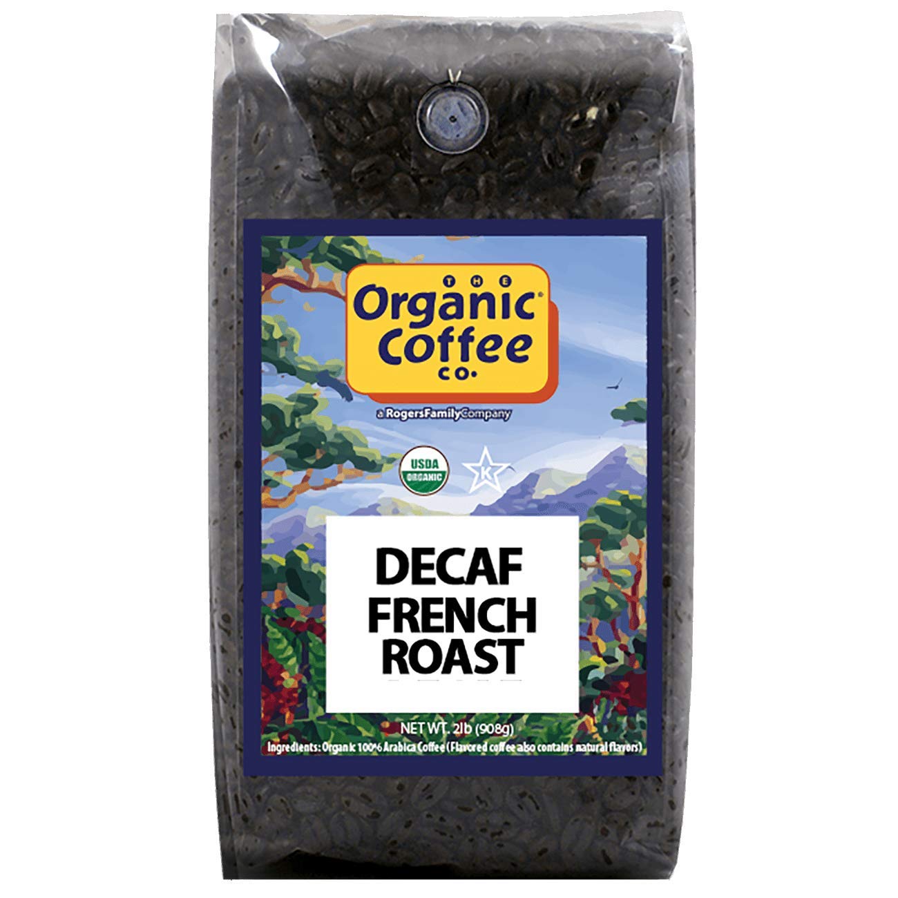 The Organic Coffee Co. bolsa 2 lb frontal mostrando etiqueta y beneficios