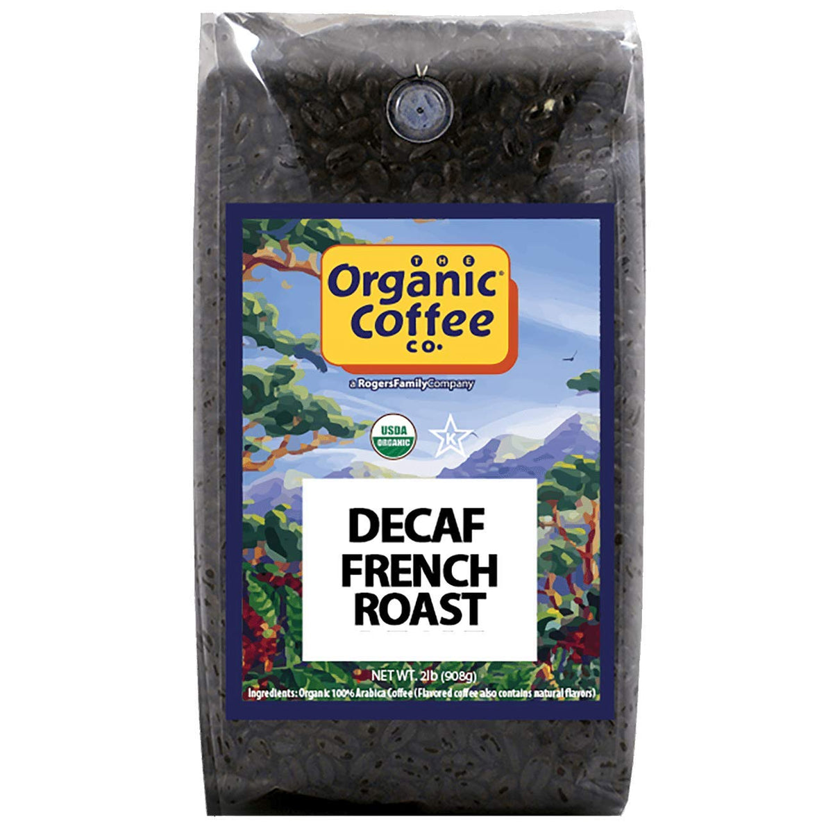 The Organic Coffee Co. bolsa 2 lb frontal mostrando etiqueta y beneficios