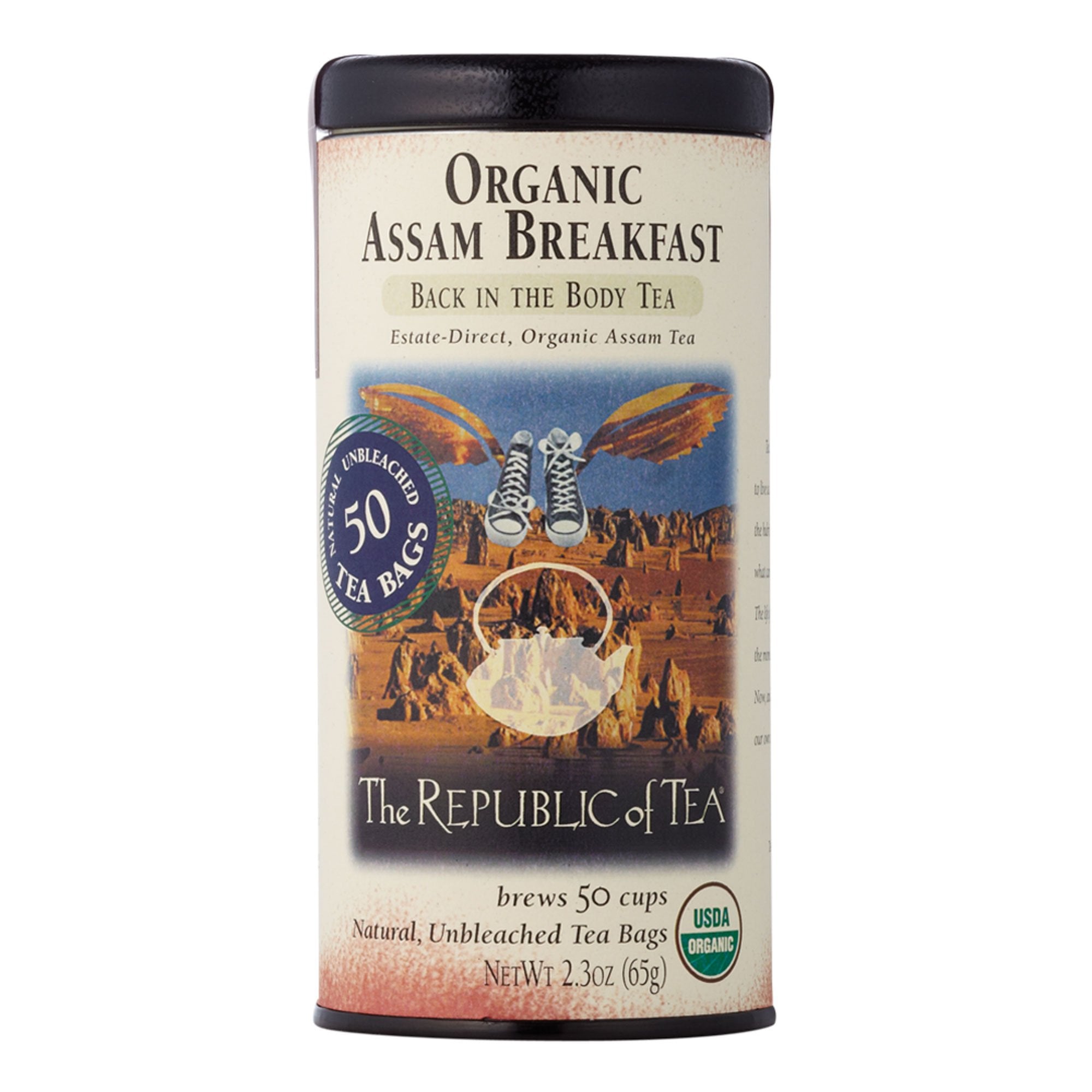 The Republic of Tea frontal del empaque mostrando 50 bolsitas y beneficio de conveniencia