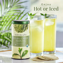 The Republic of Tea taza con bebida verde brillante, sabor vegetal y aspecto fresco