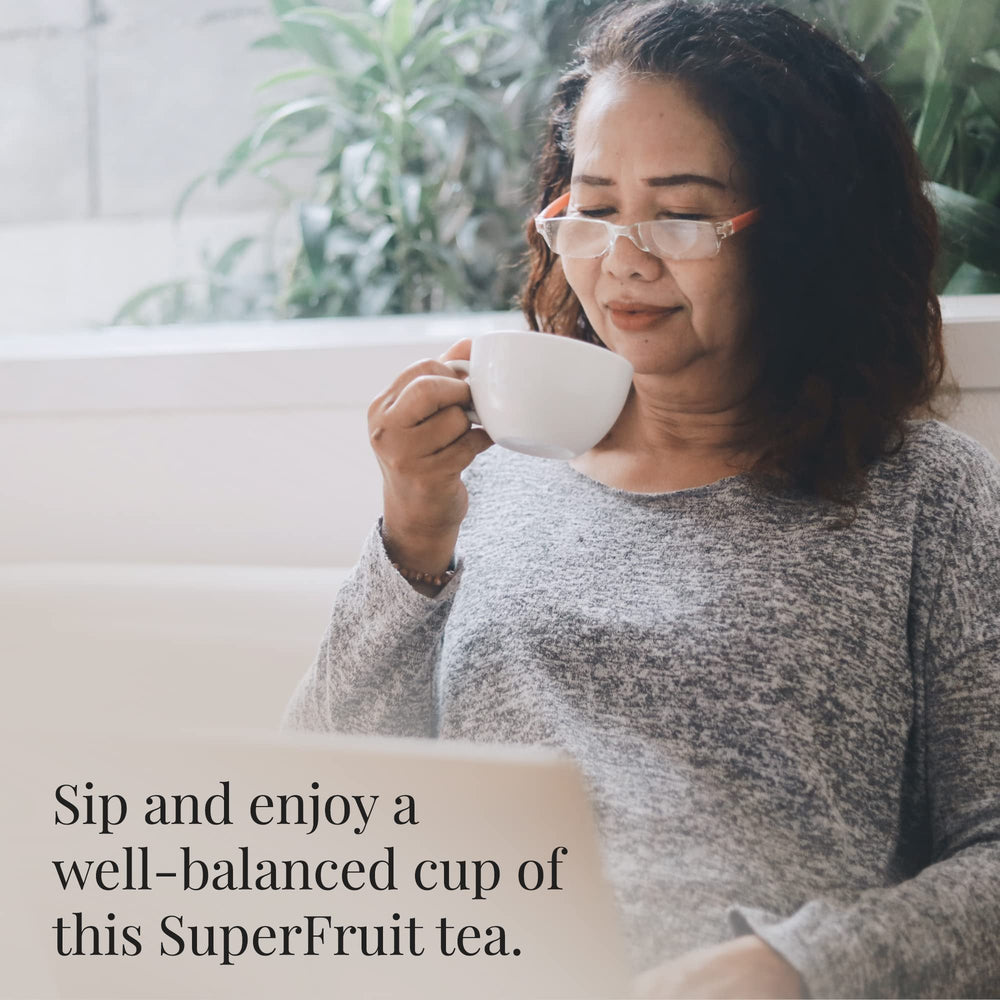 The Republic of Tea bolsa de té cerca con fibras de hojas que resaltan calidad