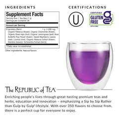 The Republic of Tea bolsita individual violeta destacando mezcla de botánicos y facilidad de uso