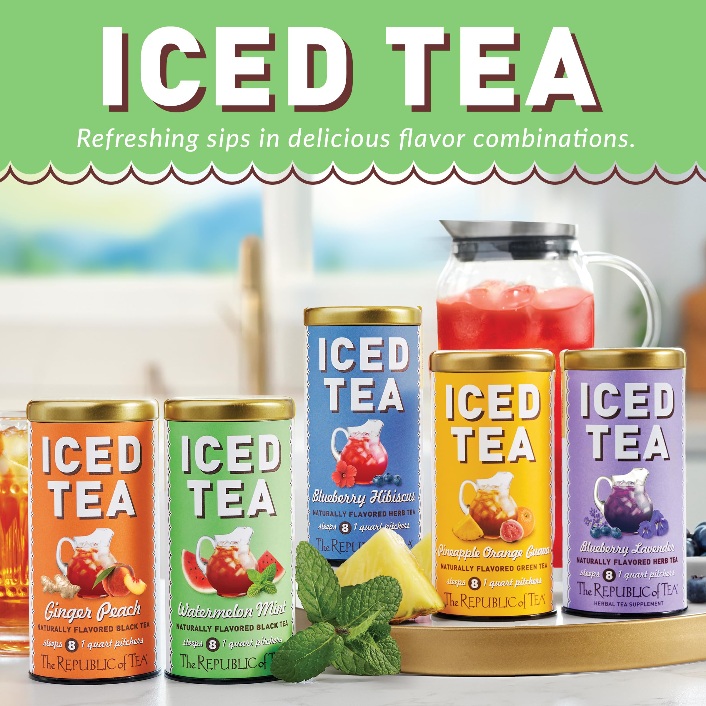 The Republic of Tea caja abierta con ocho pouches destacando contenido