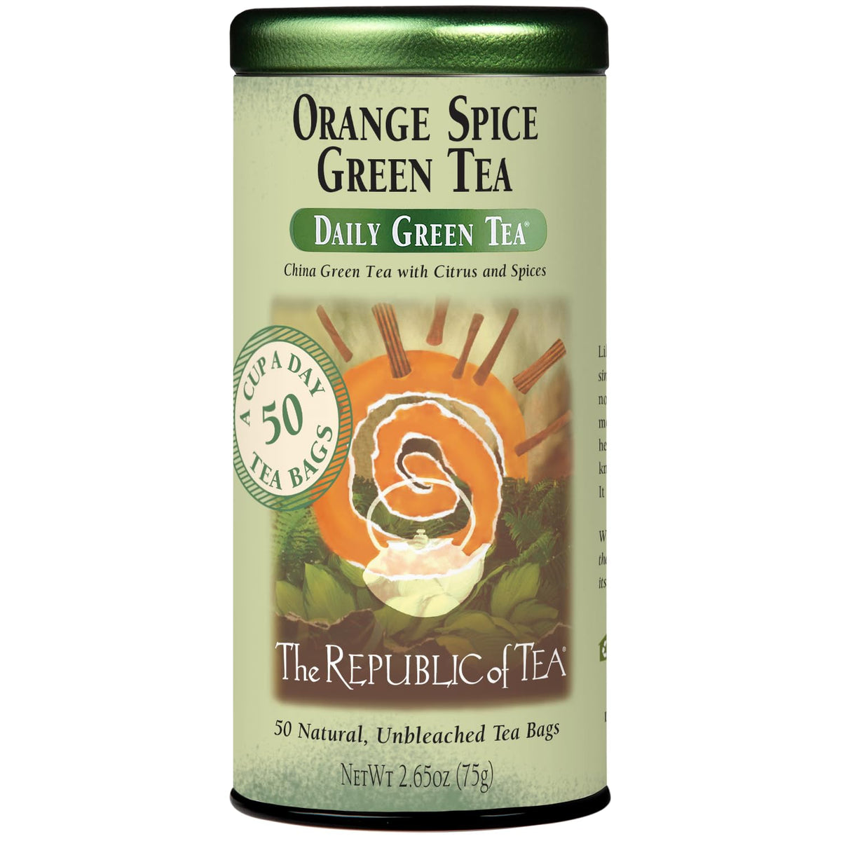 The Republic of Tea caja delantera mostrando 50 bolsitas y diseño atractivo para almacenamiento prolongado