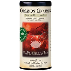 The Republic of Tea caja frontal mostrando Cardamom Cinnamon y diseño, presentación clara