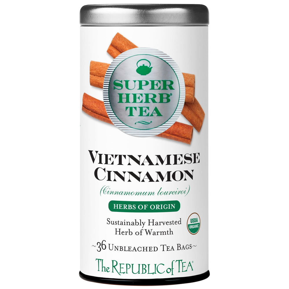 The Republic of Tea empaque frontal mostrando canela vietnamita y beneficios orgánicos