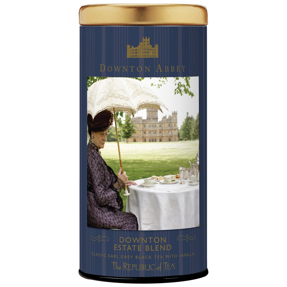 The Republic of Tea caja Downton Abbey Estate Blend al frente beneficiando conservación