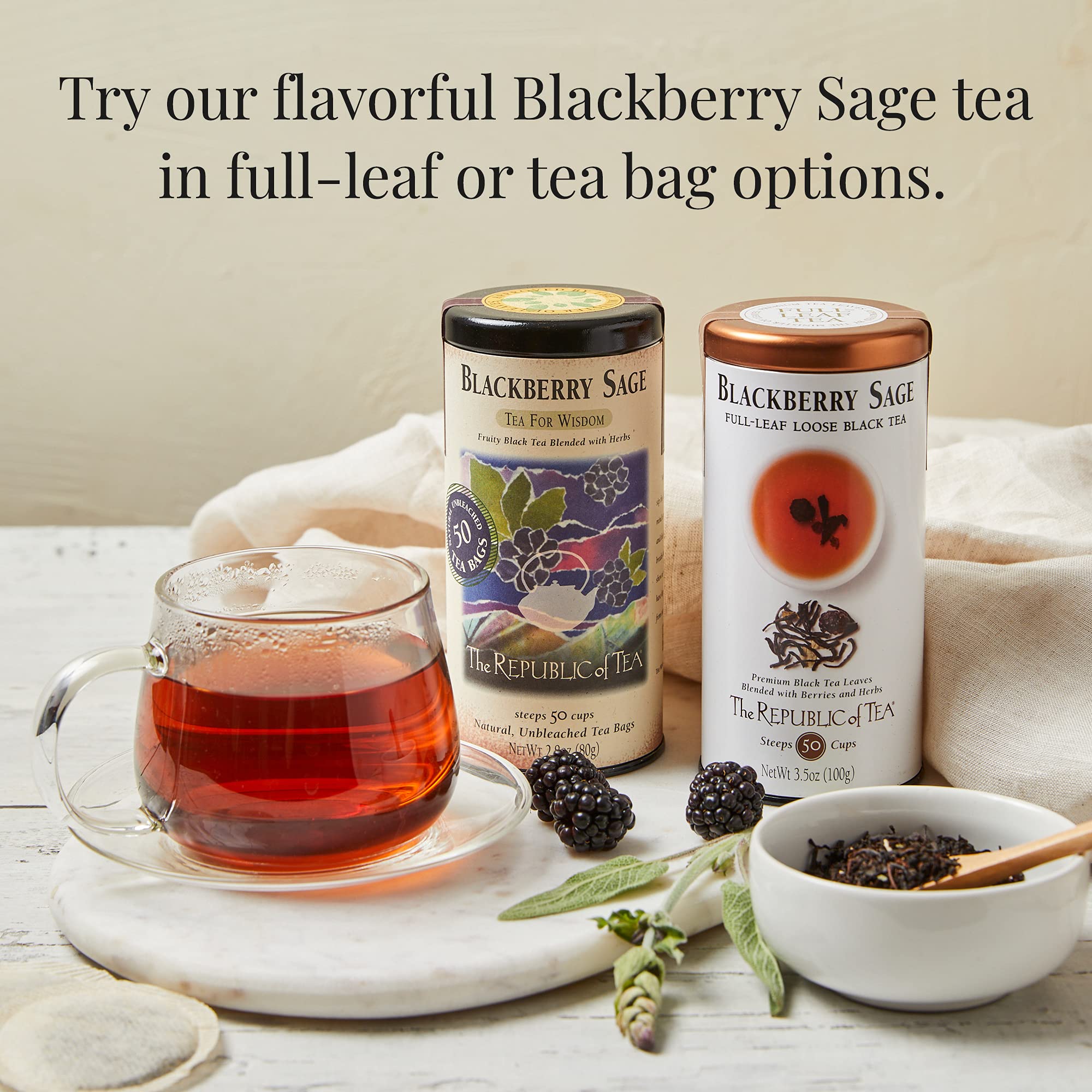 The Republic of Tea escena de desayuno con taza y paquete, opción versátil diaria