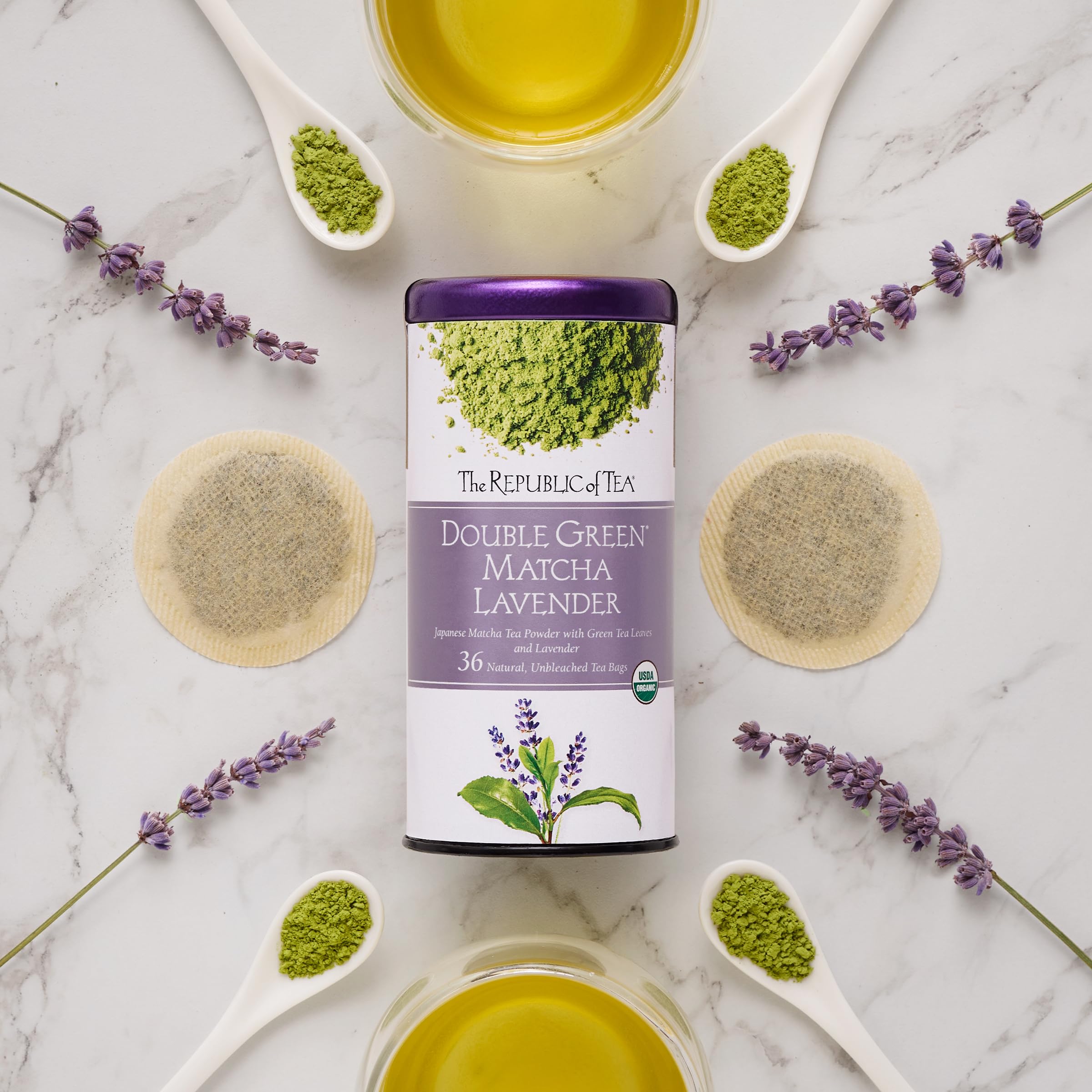 The Republic of Tea escena de desayuno con té matcha lavanda y ambiente calmado