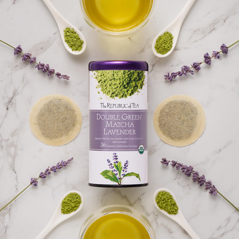 The Republic of Tea escena de desayuno con té matcha lavanda y ambiente calmado
