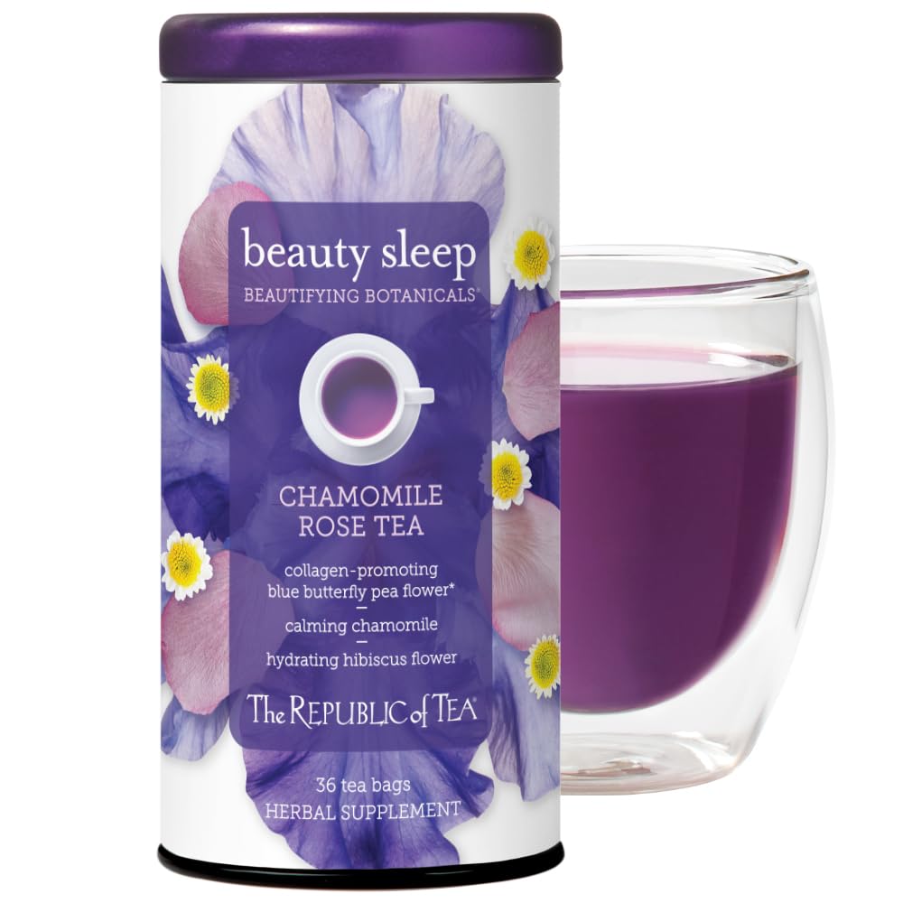 The Republic of Tea frente del paquete Beauty Sleep muestra 36 bolsitas y beneficio conveniencia