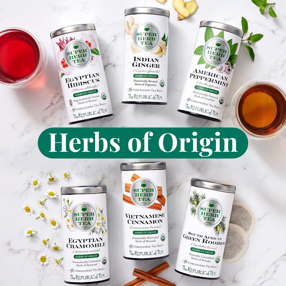 The Republic of Tea varias bolsitas junto a una regla para comparar tamaño, práctico para llevar