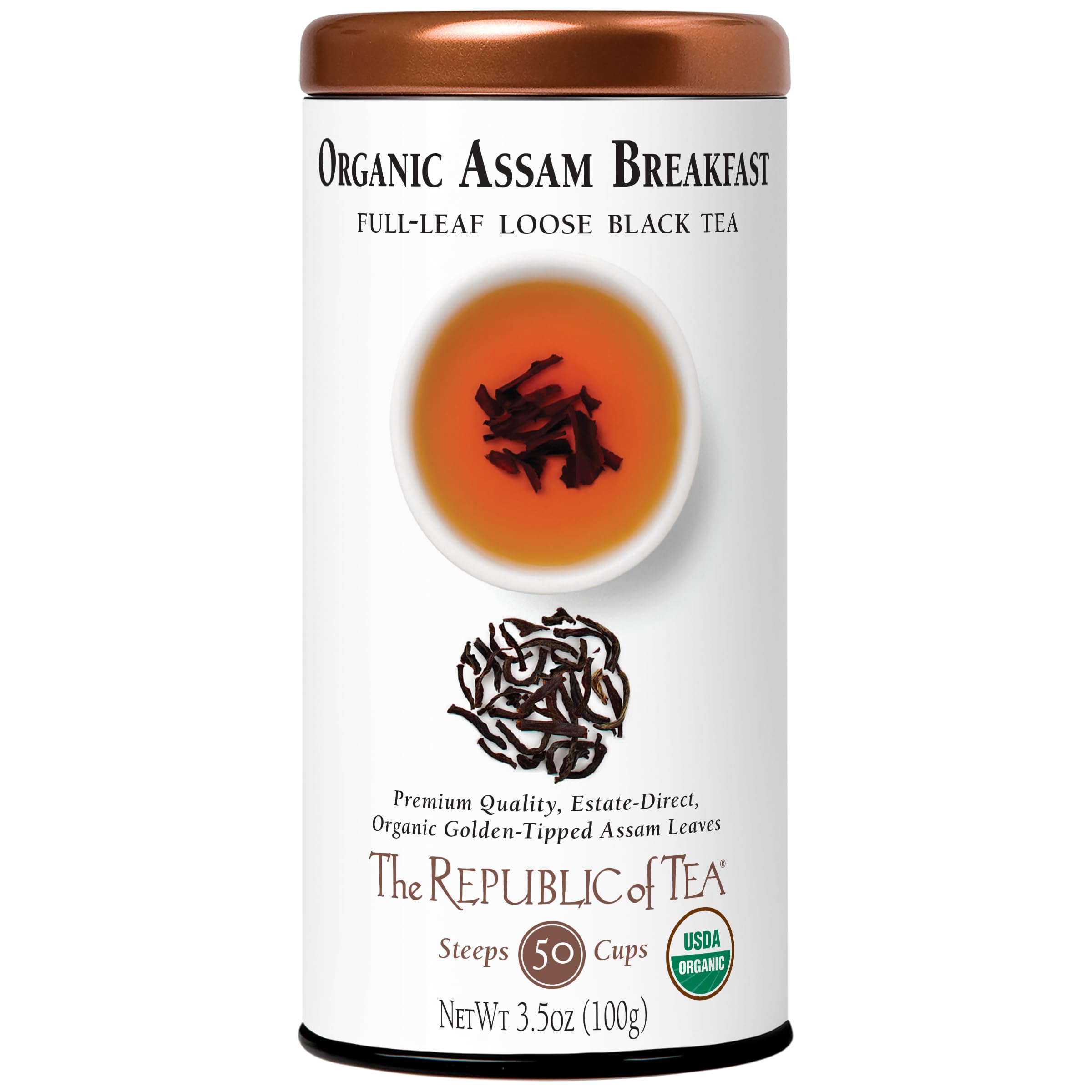 The Republic of Tea lata frontal mostrando Assam y beneficio de conservación