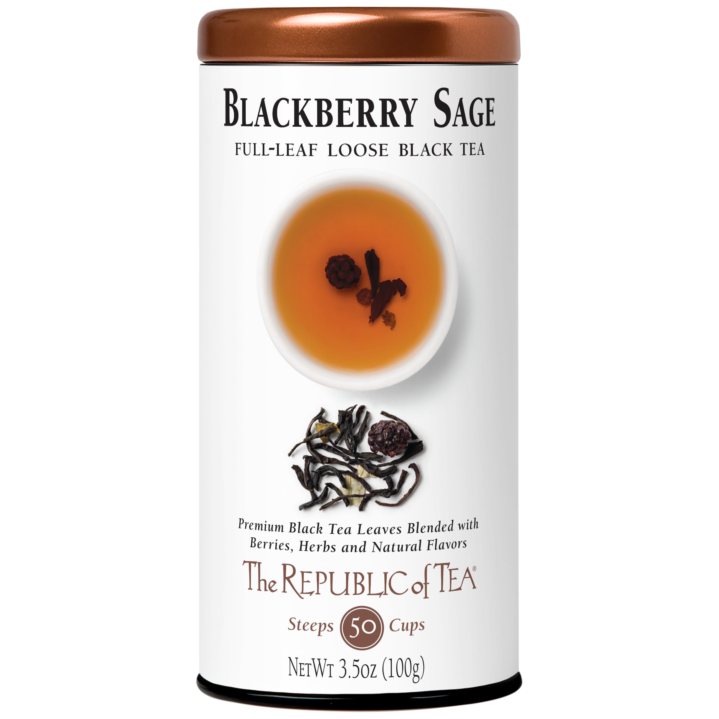 The Republic of Tea lata frontal con mezcla blackberry sage, presentación conveniente