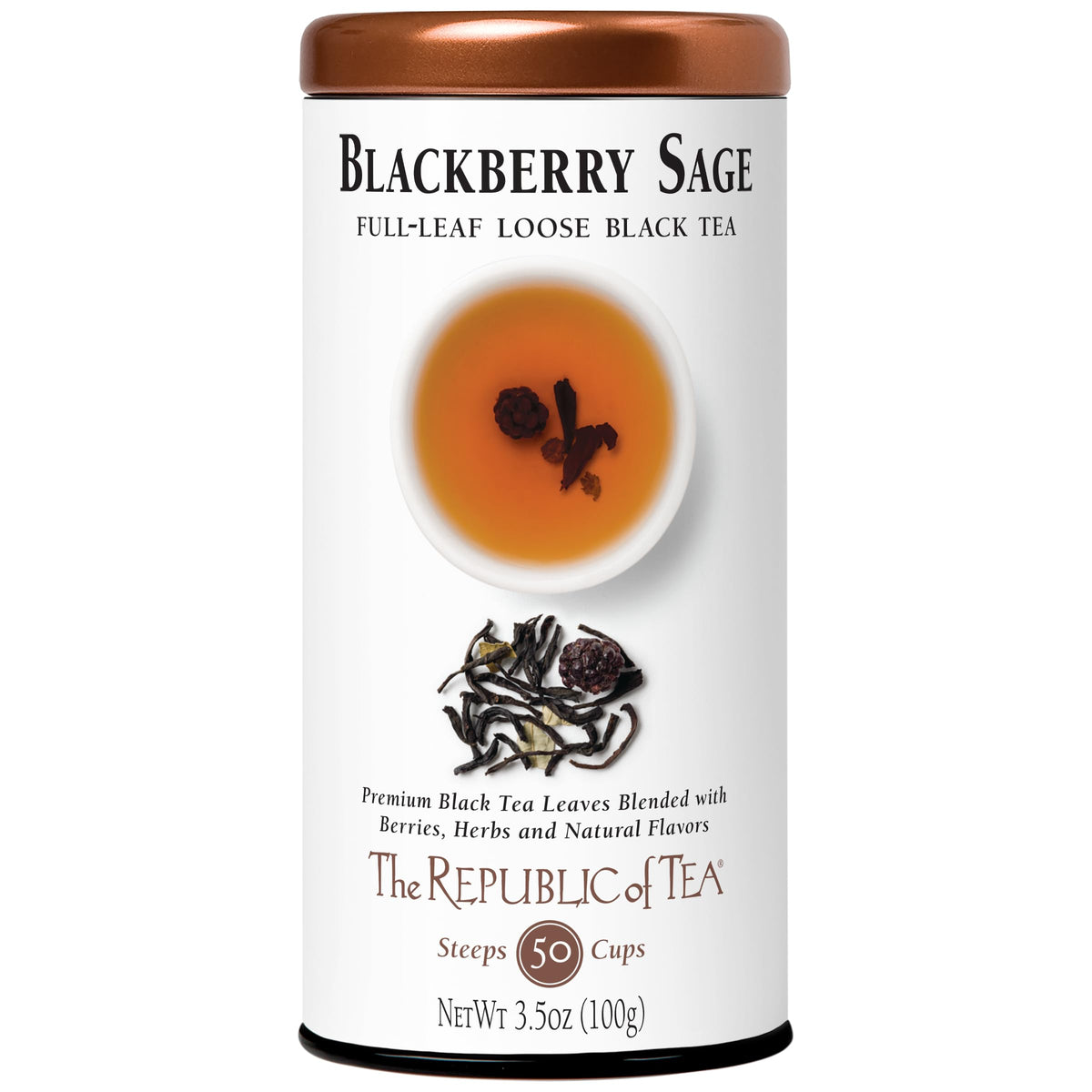 The Republic of Tea lata frontal con mezcla blackberry sage, presentación conveniente
