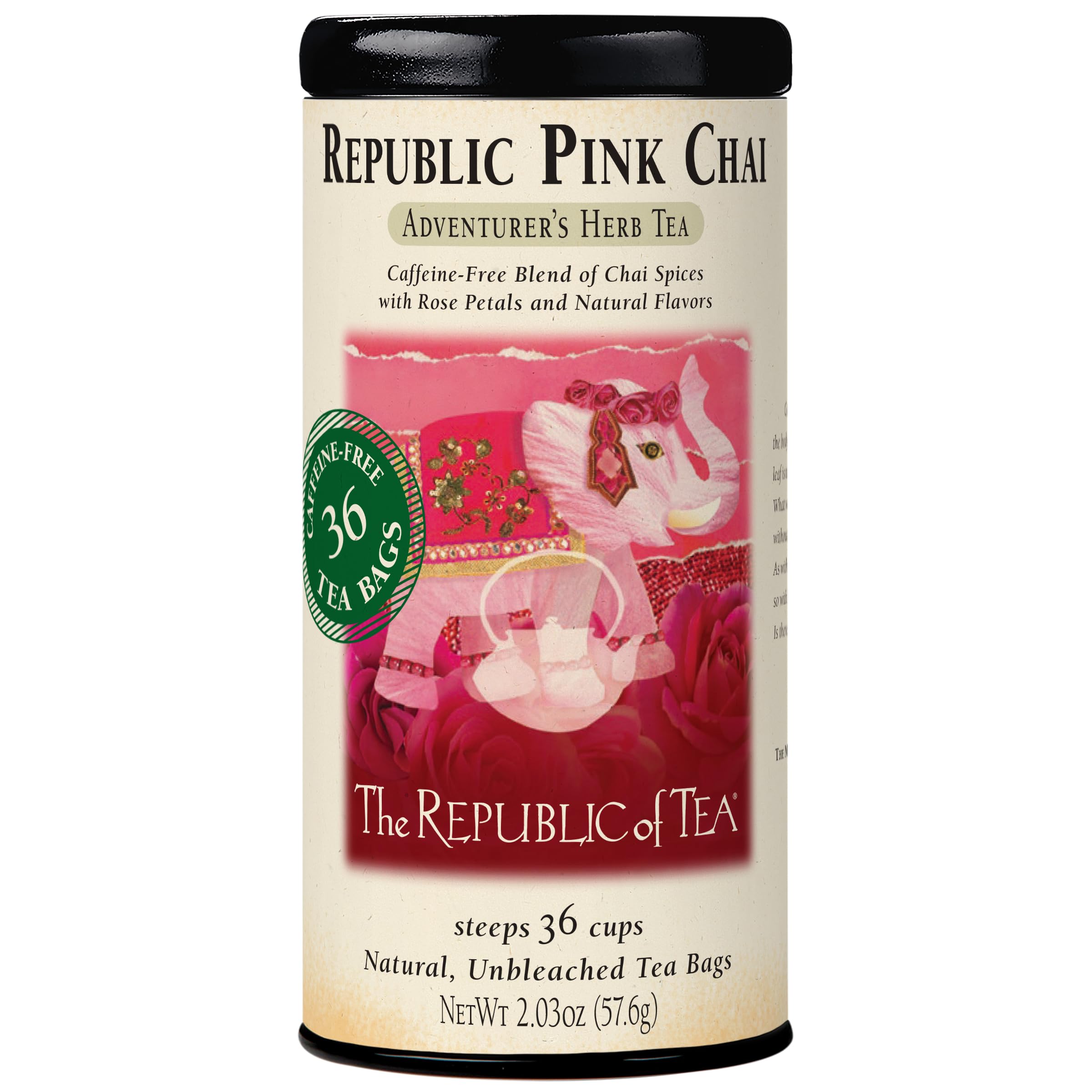 The Republic of Tea lata frontal Pink Chai mostrando diseño y cantidad
