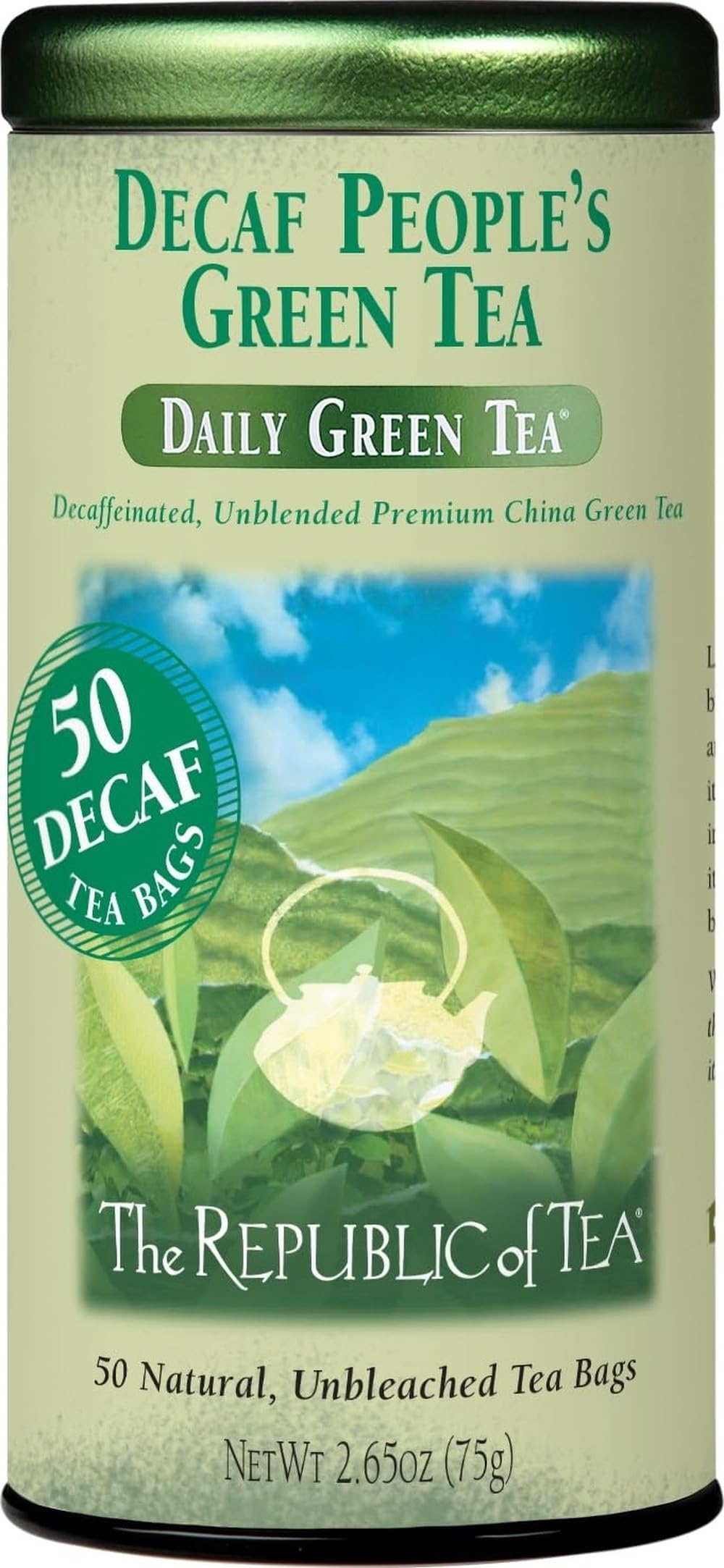 The Republic of Tea paquete frontal Daily Green Decaf mostrando diseño y 50 bolsitas, conveniencia diaria