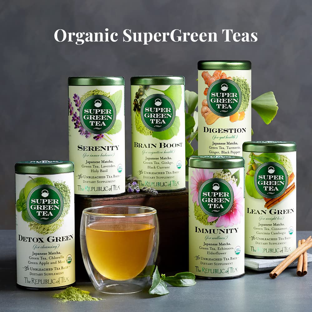 The Republic of Tea bolsita al lado de una moneda, muestra tamaño práctico
