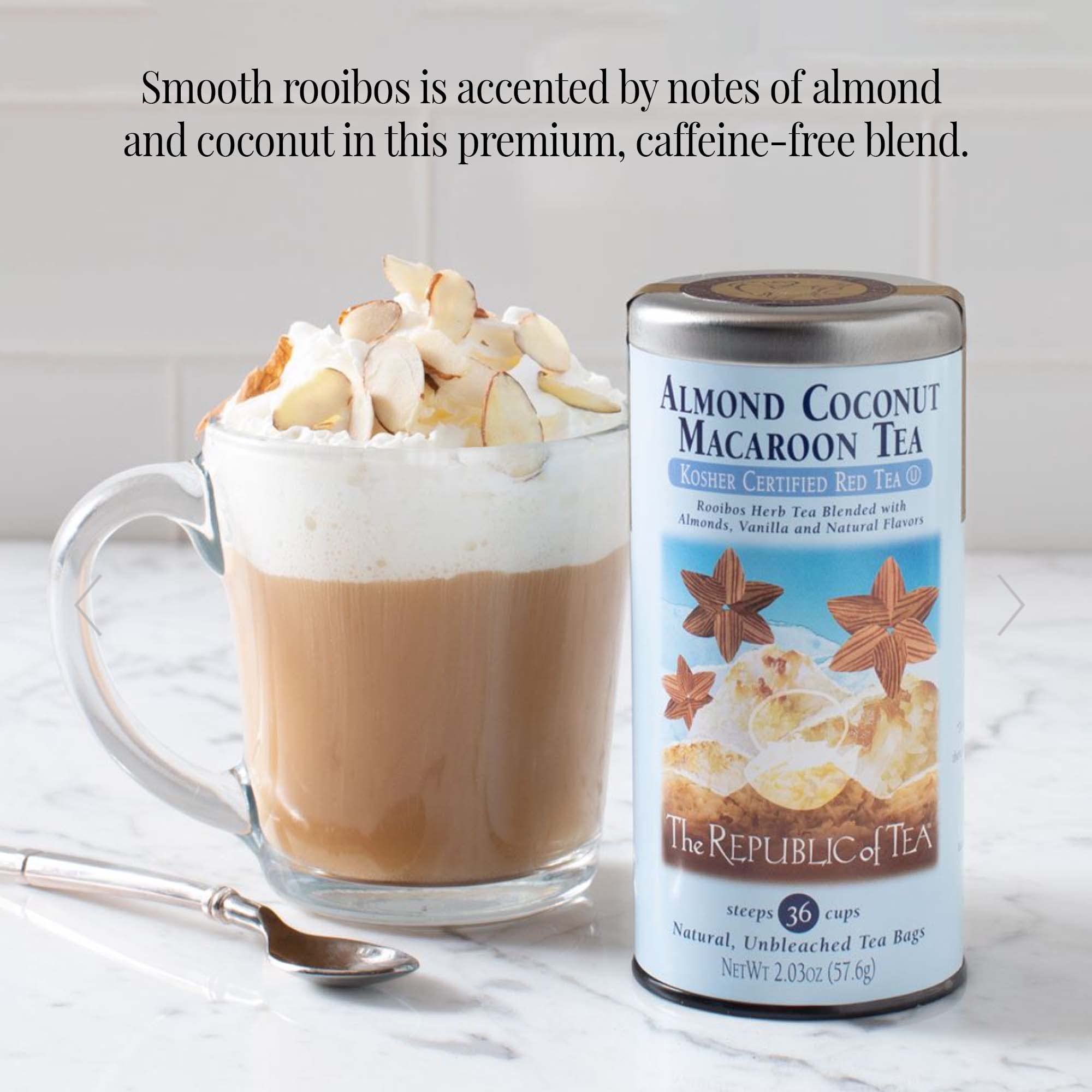 The Republic of Tea — taza servida con té Almond Coconut Macaroon, aspecto reconfortante y sin cafeína