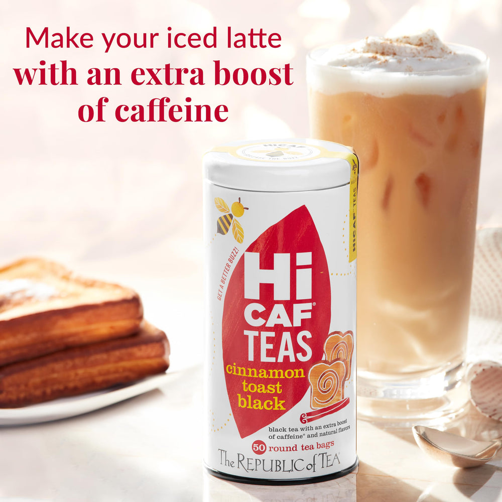The Republic of Tea taza humeante con HiCAF Cinnamon Toast, bebida reconfortante y energizante