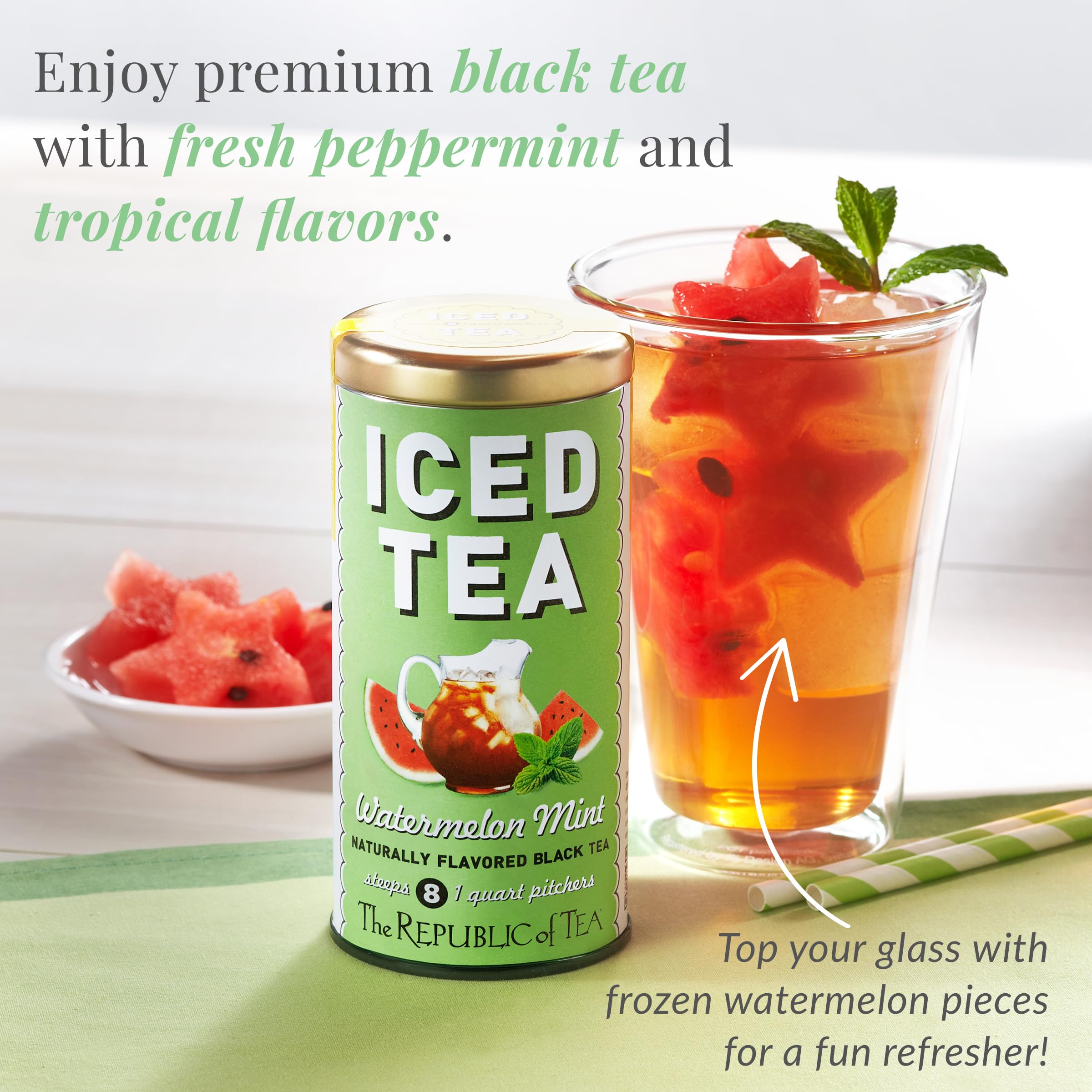 The Republic of Tea vertido en vaso con hielo enfatizando frescura inmediata