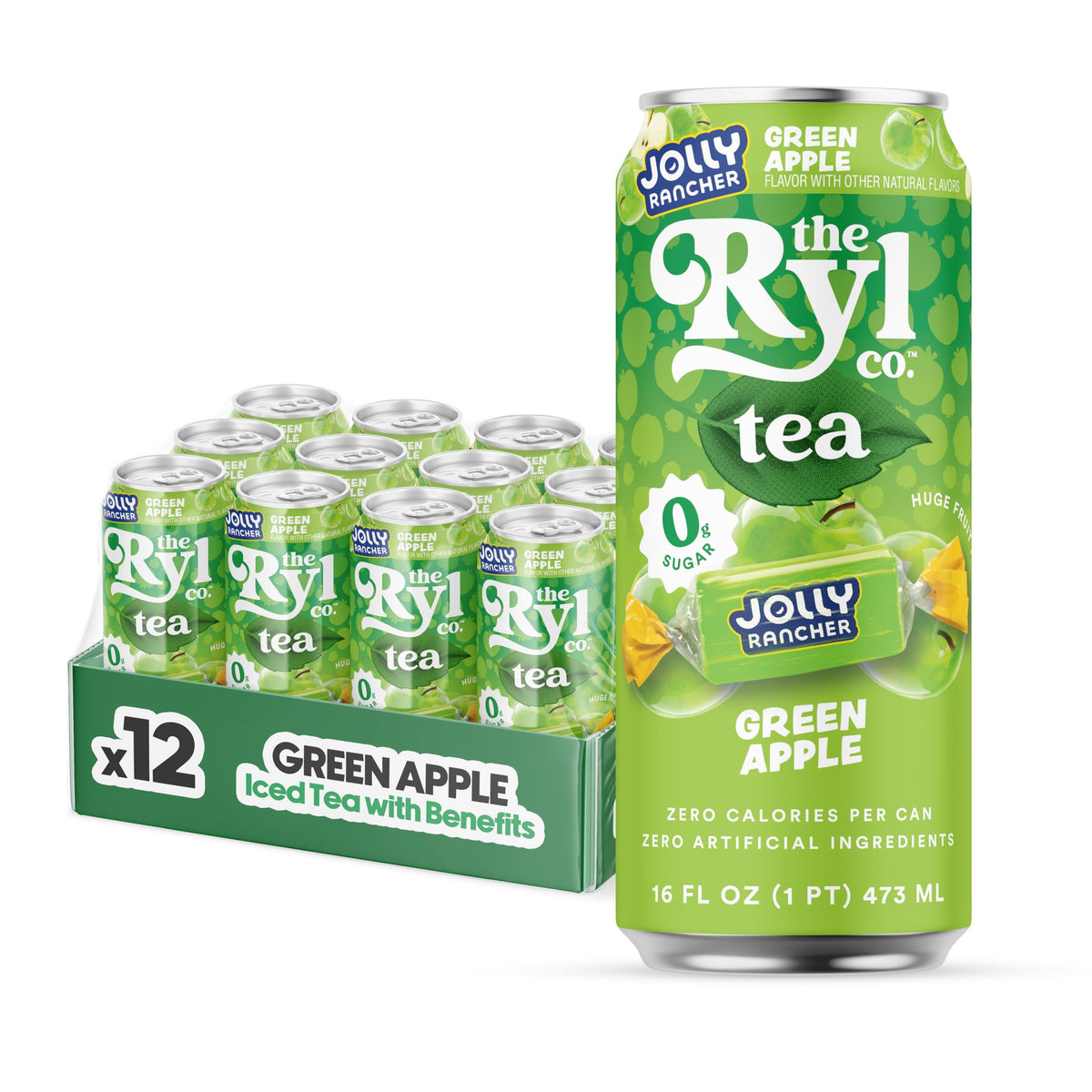 The Ryl Co lata frente mostrando diseño Jolly Rancher Green Apple y beneficio refrescante
