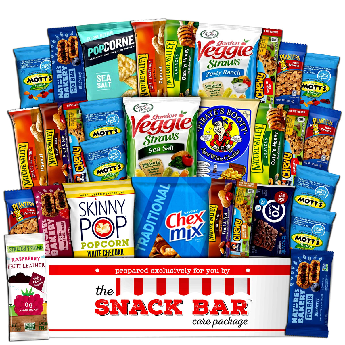 The Snack Bar caja frontal abierta con 30 snacks variados, ideal para compartir