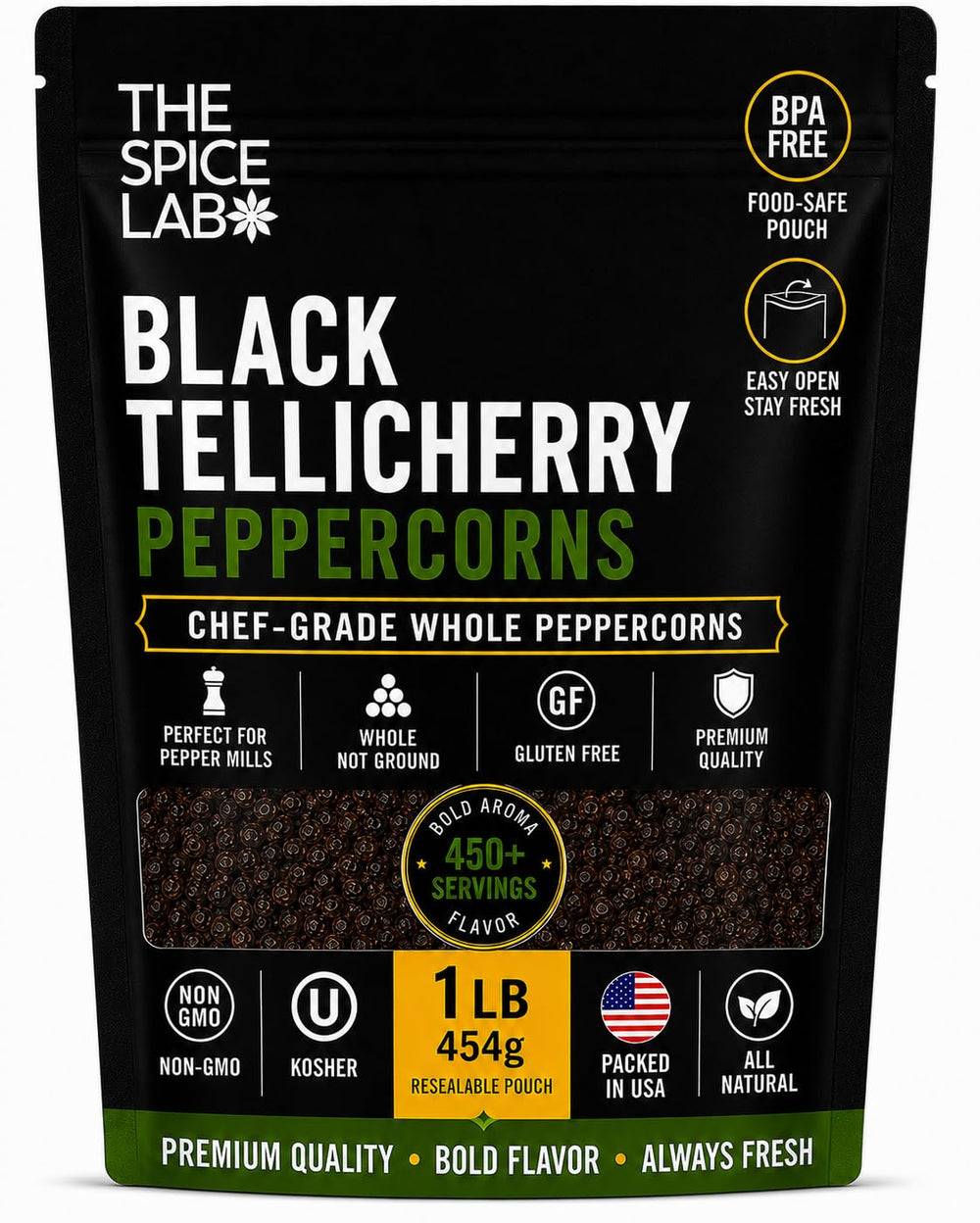 The Spice Lab bolsa frente mostrando 1 libra y sello resellable para conservación