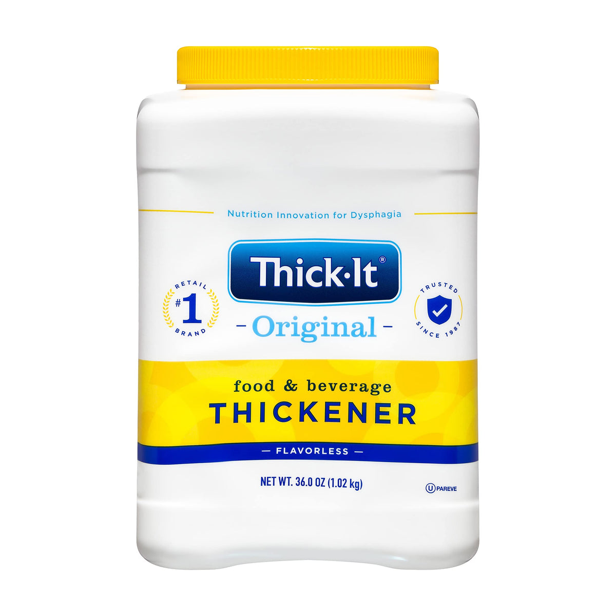 Thick-It lata frontal 36 oz mostrando envase y marca para almacenamiento prolongado