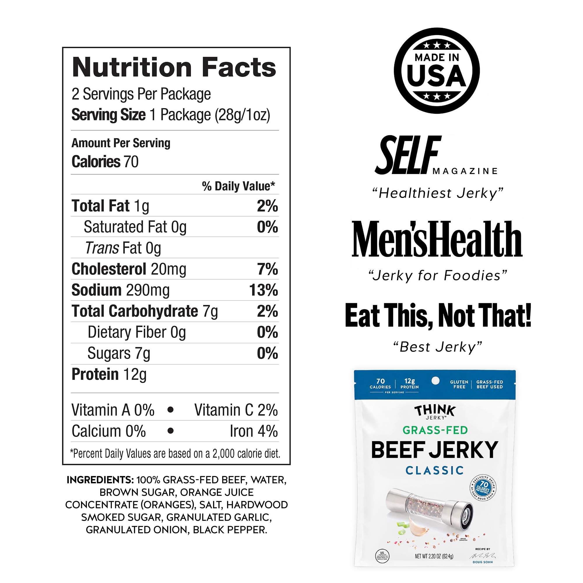 Think Jerky ingredientes con ternera alimentada con pasto y etiqueta limpia